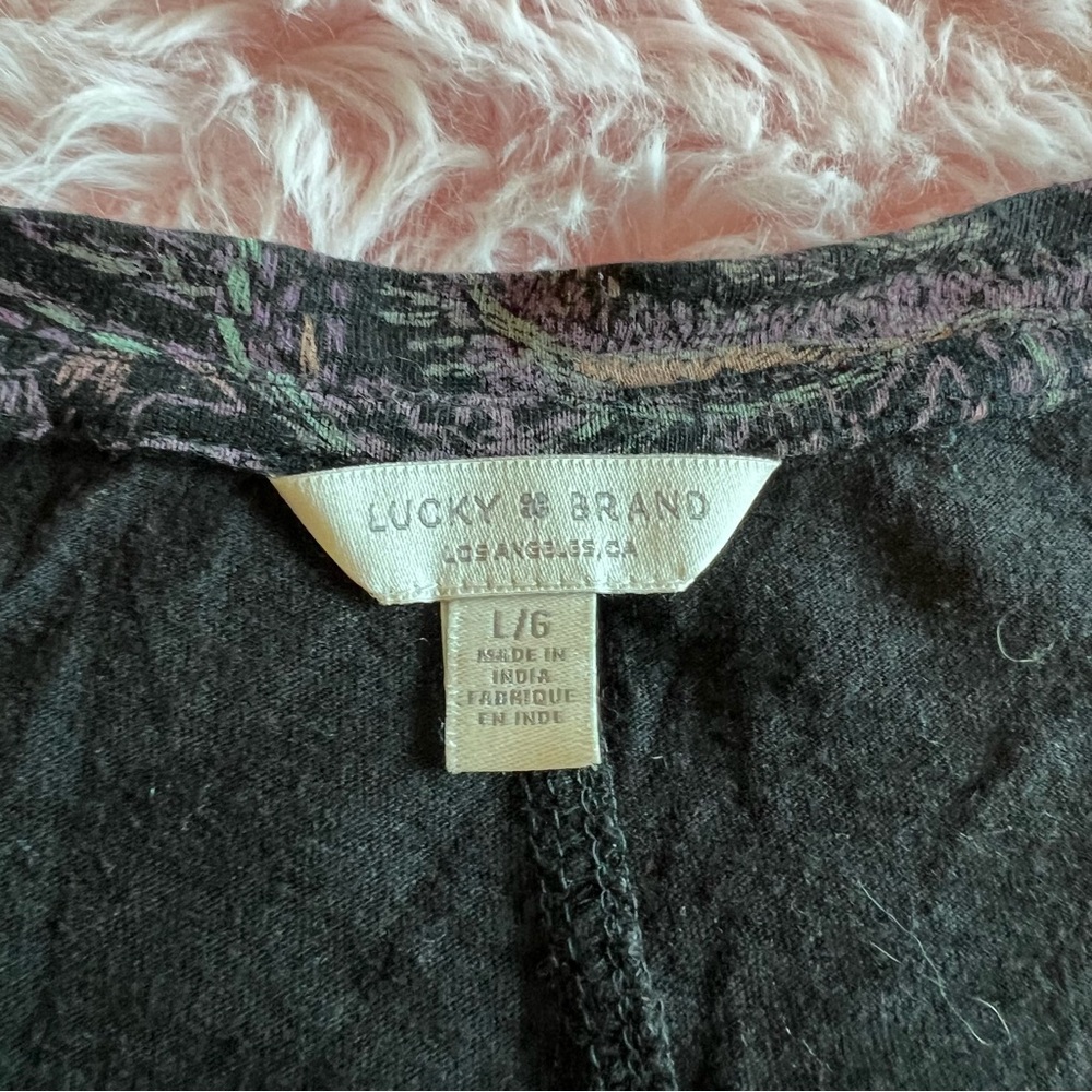 Lucky Brand Colorful Faux Embroidery Paisley Boho Short Sleeve T-Shirt Blouse L - Picture 9 of 10